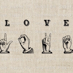 Vintage Zeichensprache LOVE ClipArt - Retro Handzeichen Illustration zum Aufbügeln oder Wandkunst, Sofort Download PNG JPEG ClipArt