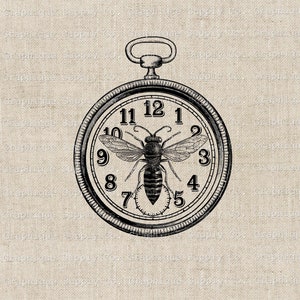 May include: Black and white illustration of a pocket watch with a bee inside. The watch face has Roman numerals and the bee is in the center of the watch face.