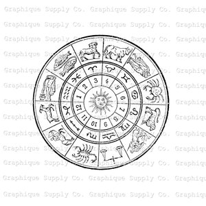 May include: A black and white illustration of a zodiac wheel featuring the twelve signs of the zodiac. The wheel is divided into twelve sections, each representing a different sign. The signs are depicted in a stylised manner, with each sign having its own unique symbol. The wheel is surrounded by a border with the text "Graphique Supply Co."