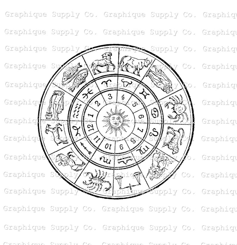 May include: A black and white illustration of a zodiac wheel featuring the twelve signs of the zodiac. The wheel is divided into twelve sections, each representing a different sign. The signs are depicted in a stylised manner, with each sign having its own unique symbol. The wheel is surrounded by a border with the text "Graphique Supply Co."