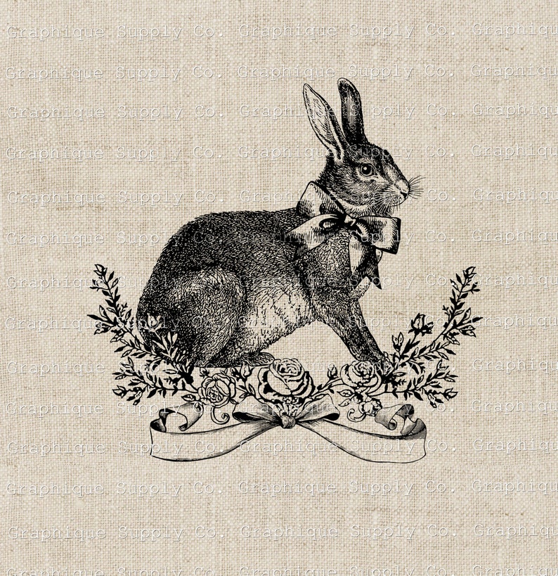 May include: A black and white illustration of a rabbit wearing a bow tie and sitting on a bed of roses. The rabbit is surrounded by greenery and a ribbon with a scroll.