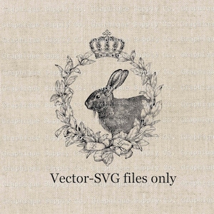 Vintage konijn illustraties - Frans land SVG, vectorafbeelding, Cottagecore bloemenkrans met kroon PNG, Le Lapin Design