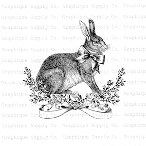 May include: A black and white illustration of a rabbit wearing a bow tie and sitting on a bed of flowers. The rabbit is surrounded by a banner with the text "Graphique Supply Co."