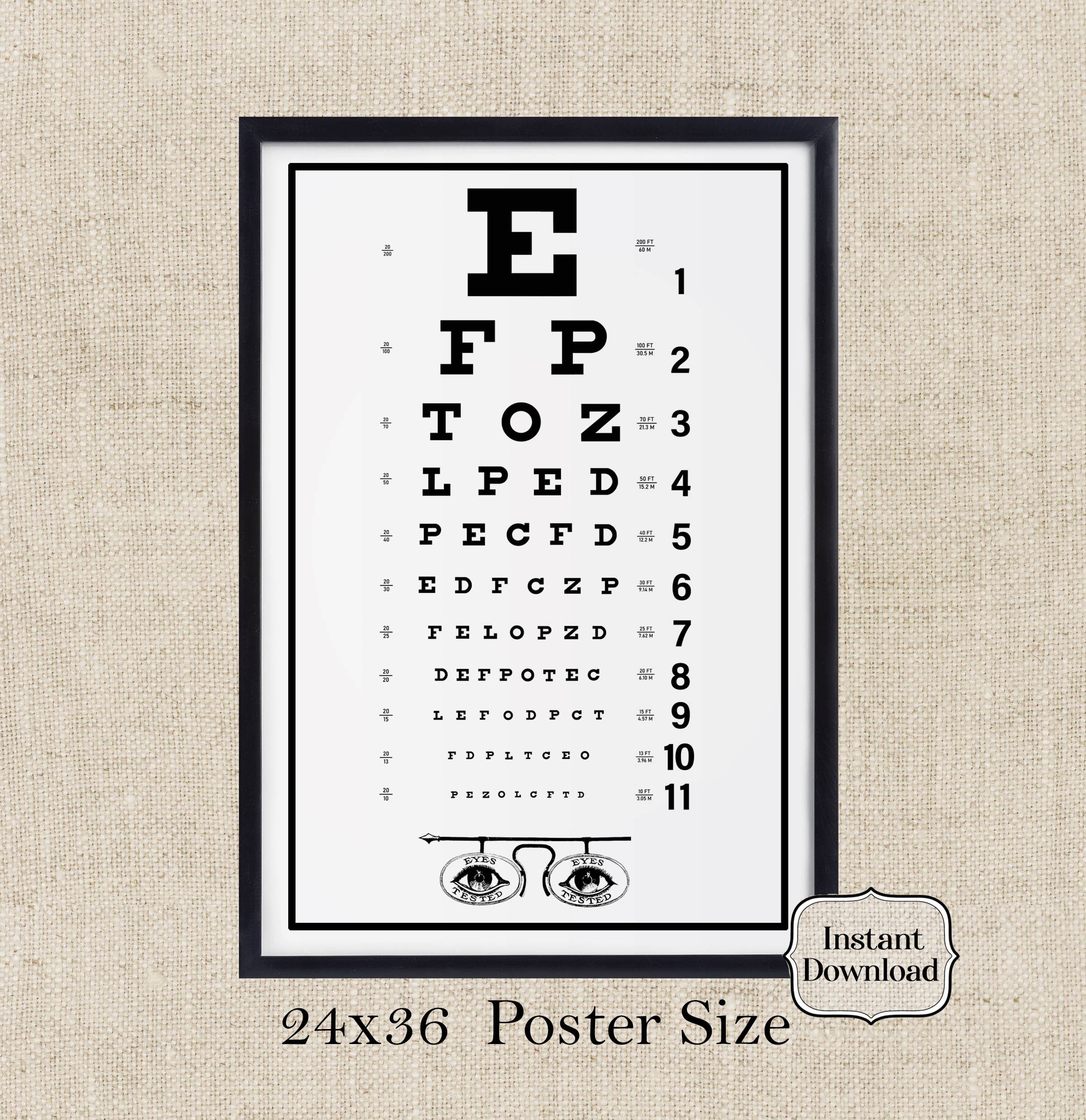 Vintage Eye Chart 24x36 Poster Size Digital Download Wall Decore Light ...
