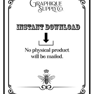 May include: A black and white graphic with the text "INSTANT DOWNLOAD" and a downward arrow. The image also includes the text "No physical product will be mailed." and a decorative bee illustration.
