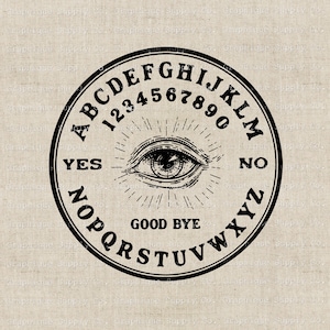 May include: A black and white Ouija board with an all-seeing eye in the center. The board has the letters A-Z, numbers 1-9, and the words "YES", "NO", and "GOOD BYE".