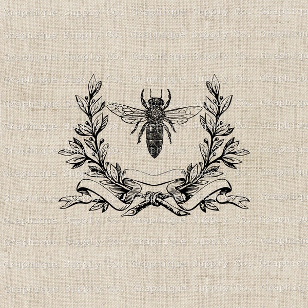 Honey bee clip art with laurel Wreath-Digital download, Nature Clipart, IOD transfer inspired JPEG/PNG format