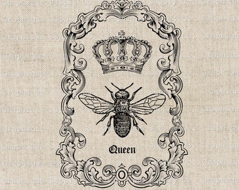 Queen Bee Crown Vintage Illustration: Scroll Frame Clip Art (Digital Download)