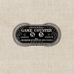 May include: Black and white vintage style game counter with the text "UNIVERSAL GAME COUNTER" and the numbers "8" and "5" for counting up to 99. The text "GAMES" and "POINTS" are also included.