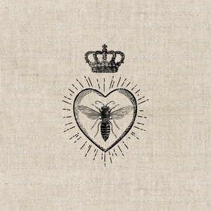 Queen Bee Clipart: Heart Crown, Vintage Style (PNG, JPEG)