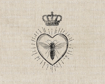 Queen Bee Clipart: Heart Crown, Vintage Style (PNG, JPEG)