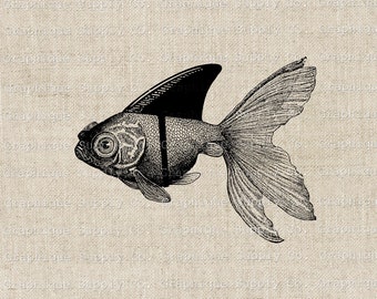 Clipart poisson rouge avec aileron de requin en téléchargement numérique - oeuvre d'art drôle-art mural steampunk-déco maison