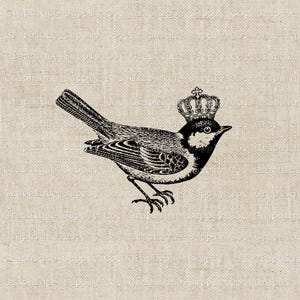 Vintage vogel met kroon SVG, gegraveerde clipart, Franse Cottagecore vector, zwart-wit digitale afbeelding, Royal Bird ontwerp pdf
