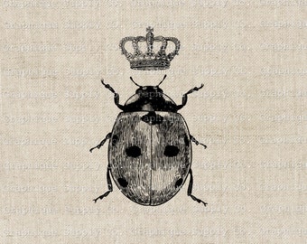 Lady Bug ClipArt with Crown Vintage illustration-Digital Printable-Iron on Transfer -insect clip art-home decore