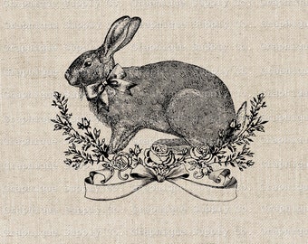 Rabbit Floral Wreath Vintage ClipArt - English Hare Wall Decore-Printable Primitive- Digital PNG JPEG 300dpi