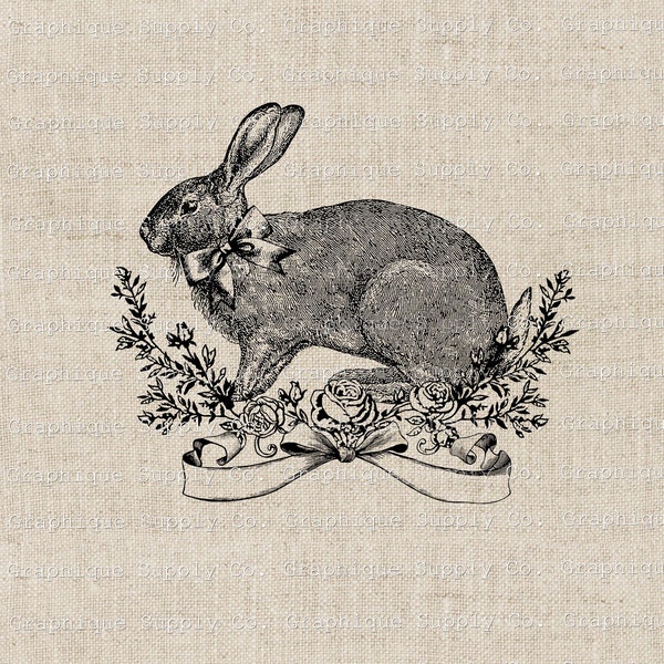 Rabbit Floral Wreath Vintage ClipArt - English Hare Wall Decore-Printable Primitive- Digital PNG JPEG 300dpi