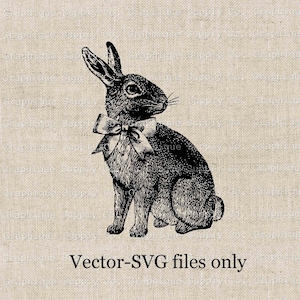May include: A black and white illustration of a rabbit wearing a bow. The rabbit is sitting on a light brown textured background. The text "Vector-SVG files only" is printed below the rabbit.