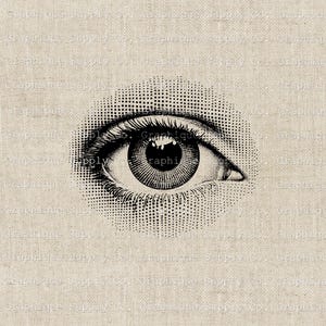 May include: A black and white vintage illustration of a human eye with a halftone pattern. The eye is looking directly at the viewer.