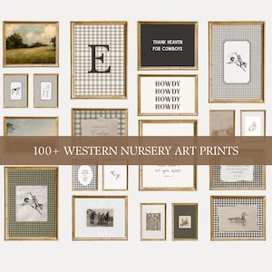 May include: Collection of framed art prints with a western nursery theme. The prints feature various images, including landscapes, animals, and text. Some frames have gingham or striped patterns. The text includes "Thank Heaven for Cowboys" and "Howdy".