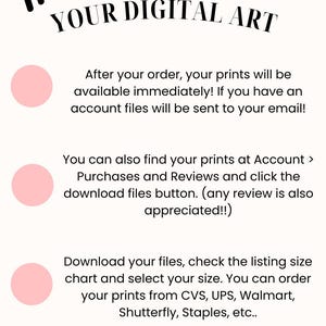 May include: A white graphic with the text "HOW TO PRINT YOUR DIGITAL ART." Instructions are provided on how to download and print digital art, including where to order prints. The bottom of the graphic has the text "lilacandlullaby."