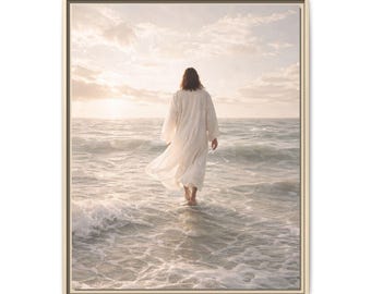 Inramad canvastavla Jesus gående på vatten | Kristen canvastavla, neutral strandhusdekor, modern troskonstverk, stor väggdekoration vid havet
