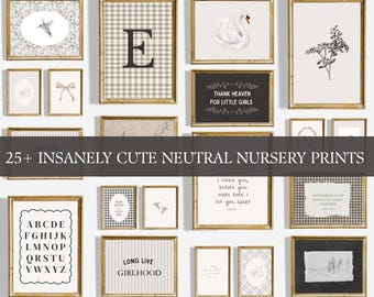 25+ neutrala barnrumstryck, beigesvart ginghaminitial med barnrumsmotiv, könsneutralt barnrum, kristen väggkonst, monogram, paket, digitalt