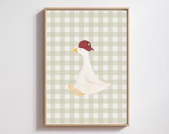 Green Gingham Silly Goose Art, Boys Bedroom Ideas, Duck Prints, Baseball Bedroom Decor, Goose Print  Playroom Wall Art, Dopamine Decor