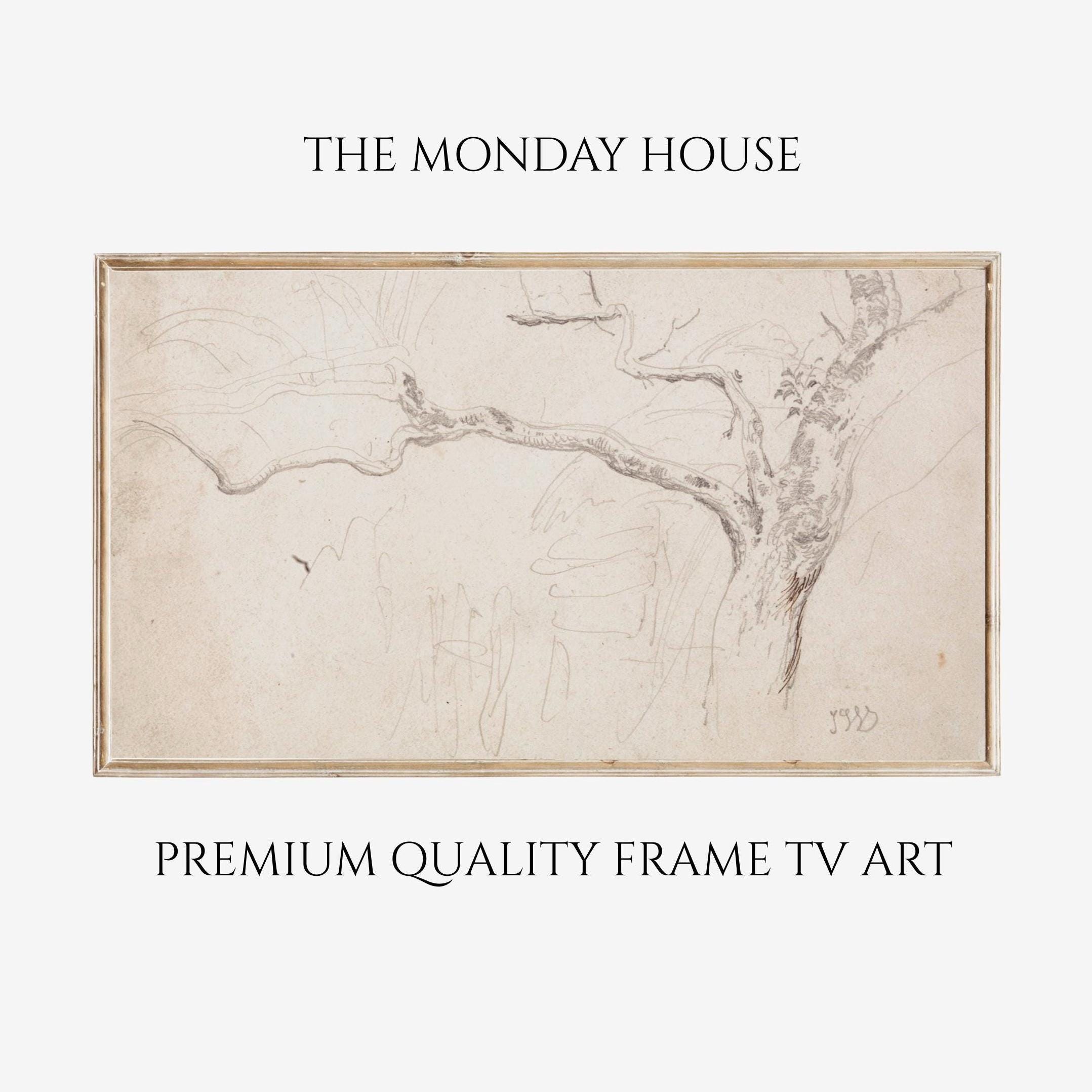 Frame Tv Art, Vintage Tree Sketch Tv Art, Vintage Neutral Painting