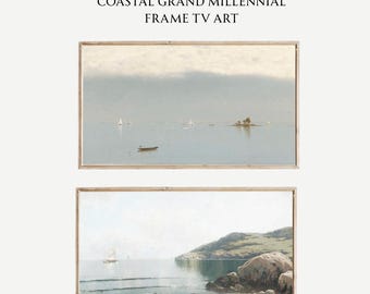 set of 2 frame tv art bundle, east coast grandmillenial prints, vintage style seascape painting, coastal tv art, digital download