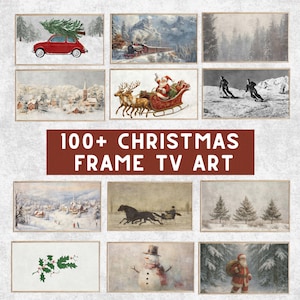 May include: A collection of framed Christmas-themed TV art prints. The prints feature vintage illustrations of winter scenes, including a red car with a Christmas tree, Santa in a sleigh, and snowy landscapes. Text reads "100+ CHRISTMAS FRAME TV ART."