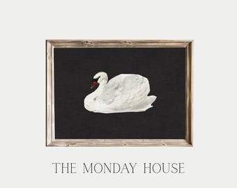 vintage swan art print, black nursery prints, modern cottage style, vintage animal drawing wall art, farmhouse wall decor printable