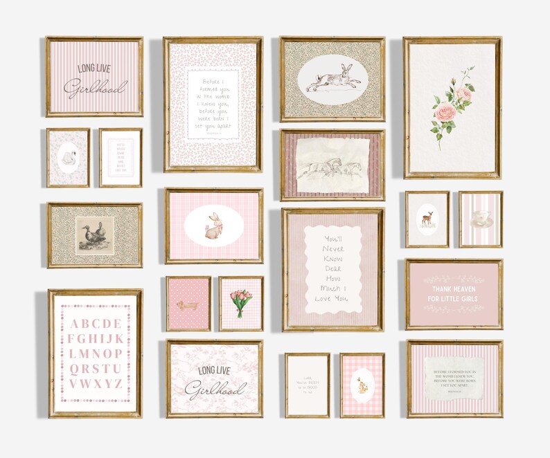 May include: A collection of framed art prints in gold frames. The prints feature various designs, including text, floral arrangements, and animal illustrations. The color palette is soft, with pink and white tones.