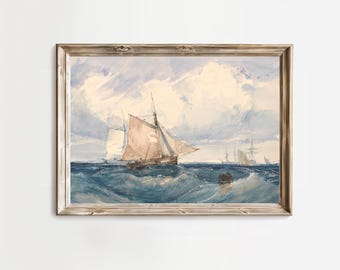 sailboats in the ocean, vintage beach house coastal landscape oil painting, nautical wall art, summer painting digital download
