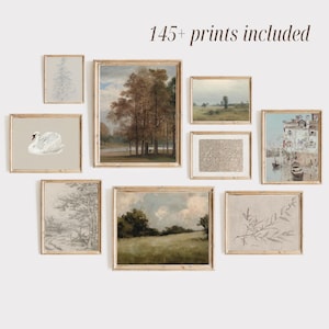 Könnte beinhalten: Eine Sammlung gerahmter Kunstdrucke in verschiedenen Größen und Stilen, darunter Landschafts-, botanische und Tiermotive. Die Drucke weisen gedämpfte Farben und eine Vintage-Ästhetik auf, mit einer Vielzahl von Motiven, darunter Bäume, Schwäne und florale Muster. Der Text "145+ prints included" befindet sich oben.