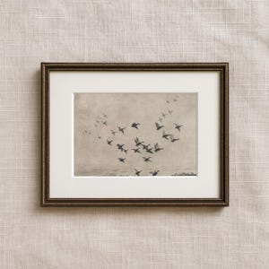 May include: Framed sepia-toned print featuring a flock of birds in flight against a muted sky. The birds are silhouetted, creating a sense of movement. The frame is a dark, ornate gold color, adding a touch of elegance to the artwork.