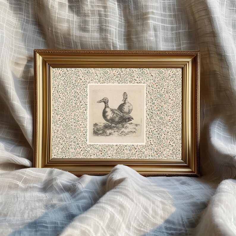 May include: A framed print featuring a detailed black and white illustration of two ducks. The artwork is set against a patterned background with a gold-colored frame. The print is displayed on a textured, neutral-toned fabric.