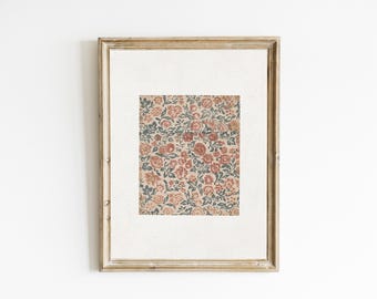 Vintage gobeläng konsttryck, rosa neutral blommig textil väggkonst, digital nedladdning utskrivbar, lantlig inredning, grandmillennial, stugkärna