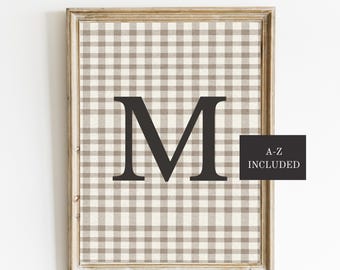 beige black gingham initial nursery art, a-z initial wall decor, neutral nursery decor, letter poster, vintage style boys room, monogram