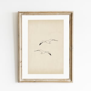 May include: A framed print showing two seagulls drawn in black ink, set against a beige backdrop. The artwork is presented within a gold-coloured wooden frame, offering a minimalist style, suitable for various interior settings.