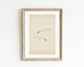 vintage seagull sketch art print, vintage style pencil drawing, digital download, coastal decor, seagull wall art, beachy wall art