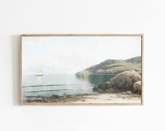 frame tv art, east coast grandmillenial prints, vintage style seascape painting, coastal tv art, sailboat painting digital download