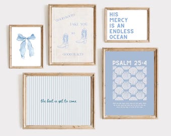 coastal cowgirl christian gallery wall beachy bible verse print set of 5 trendy apartment dorm wall art blue wall art printable