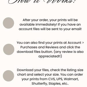 May include: A beige graphic with the text "How it Works?" in elegant script. The text explains how to access digital prints after purchase, including email delivery and download instructions. The Monday House logo is at the bottom.