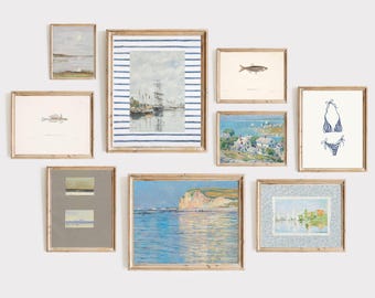 east coast grandmillennial gallery wall art, coastal granddaughter prints, vintage coastal cottage decor, old money, beach house, sardine