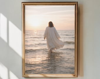 målning Jesus går på vatten, kristen kustmålning, kristen väggkonst, digital nedladdning, jesusmålning, strandhusinredning