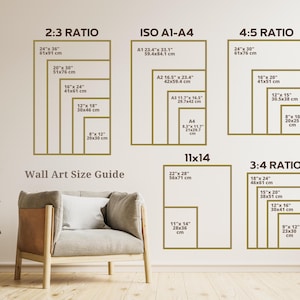 May include: A wall art size guide with various aspect ratios and dimensions in inches and centimeters. The guide includes 2:3, ISO A1-A4, 4:5, 11x14, and 3:4 ratios. The text "Wall Art Size Guide" is displayed below the size charts.