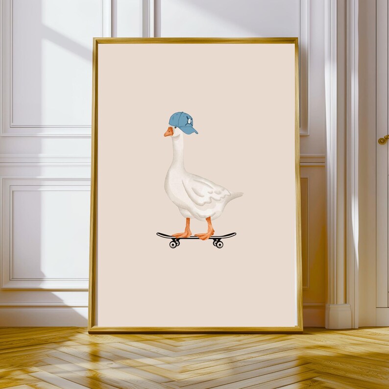 Silly Goose Art, Boys Bedroom Ideas, Duck Prints, Skateboard Bedroom Decor, Goose Print Playroom Wall Art, Dopamine Decor, Minimalist Goose image 3