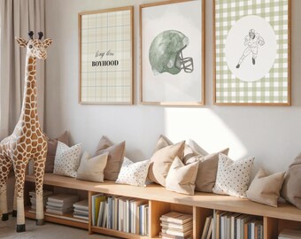 football wall art set of 3, vintage football prints, long live boyhood, sage green nursery art, boys room printable art, sports gallery art