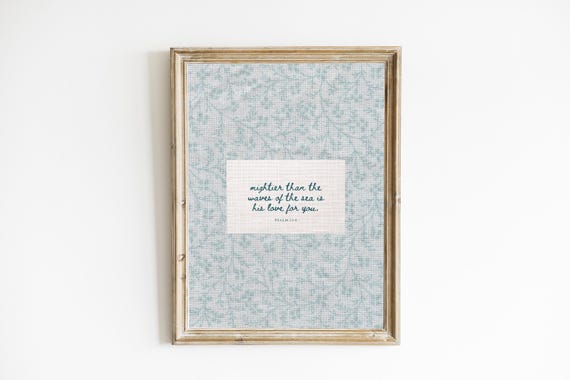 blue floral bible verse print, psalm 23:4 vintage christian nursery decor, farmhouse decor, mightier than the waves, printable