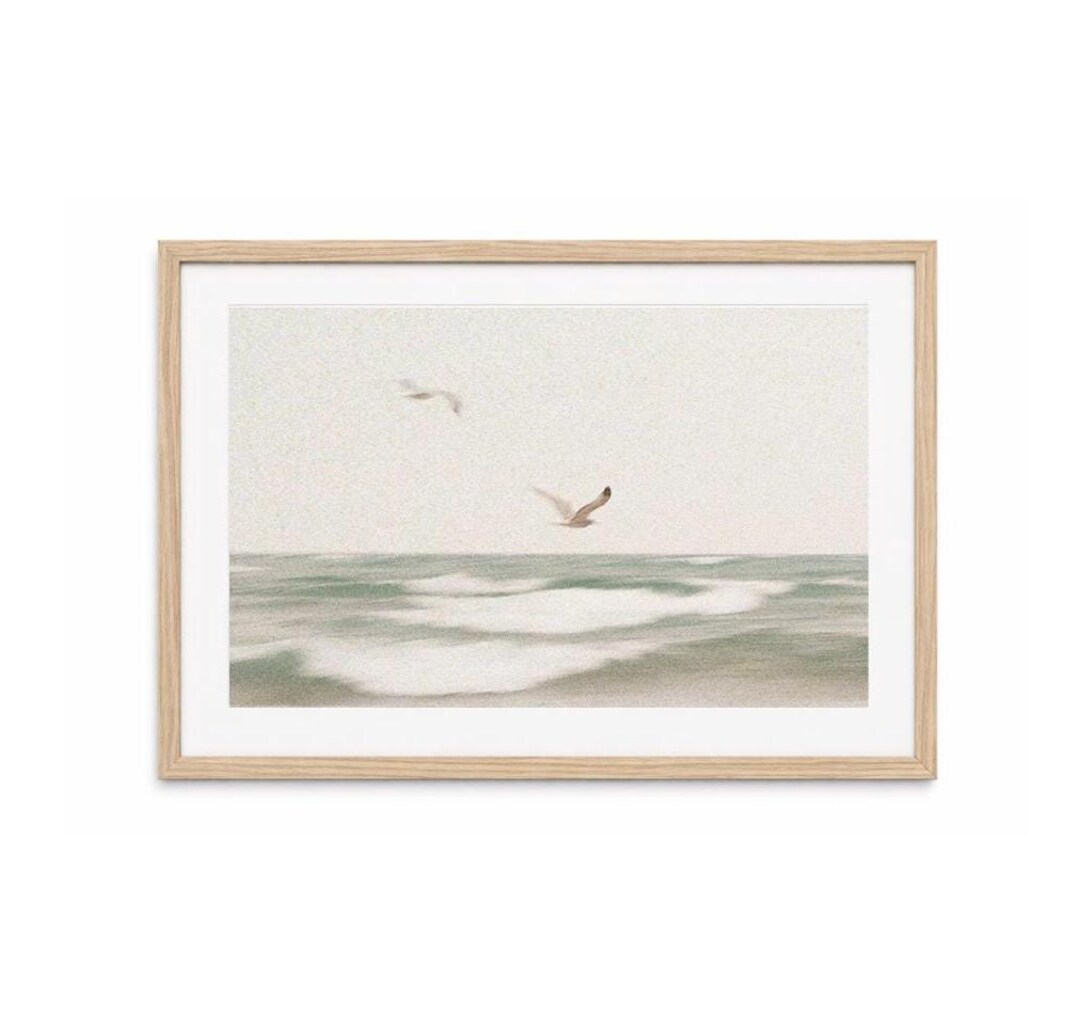 Neutral Coastal Ocean Print With Seagulls | Minimal Beach Wall Art ...